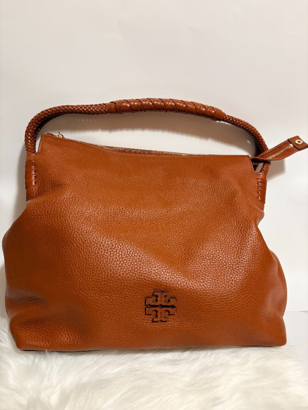 Tory Burch Marion Hobo Cognac Pebbled Leather Braided Handle Shoulder Bag